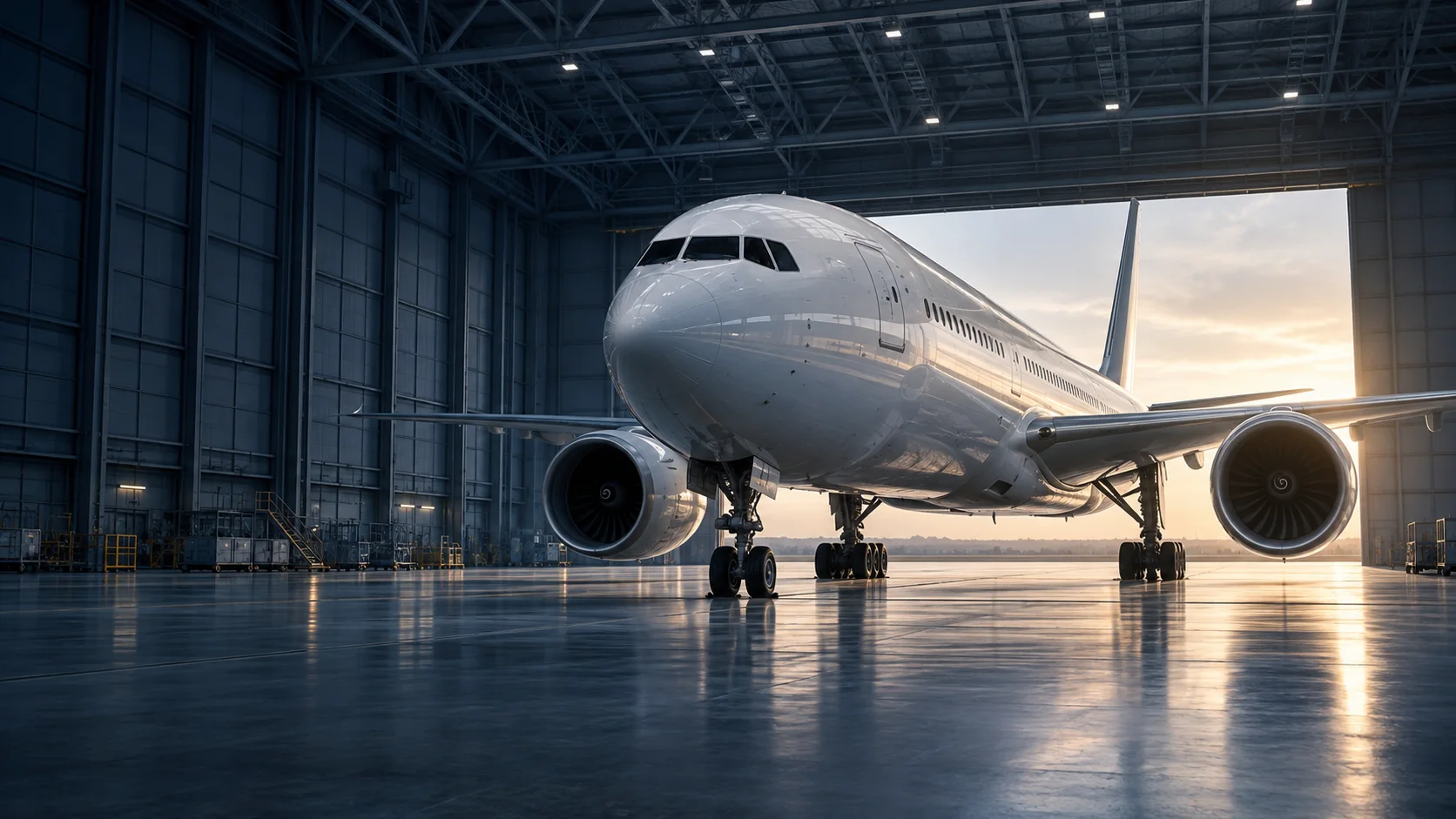 An unbranded commercial aircraft inside a monumental hangar