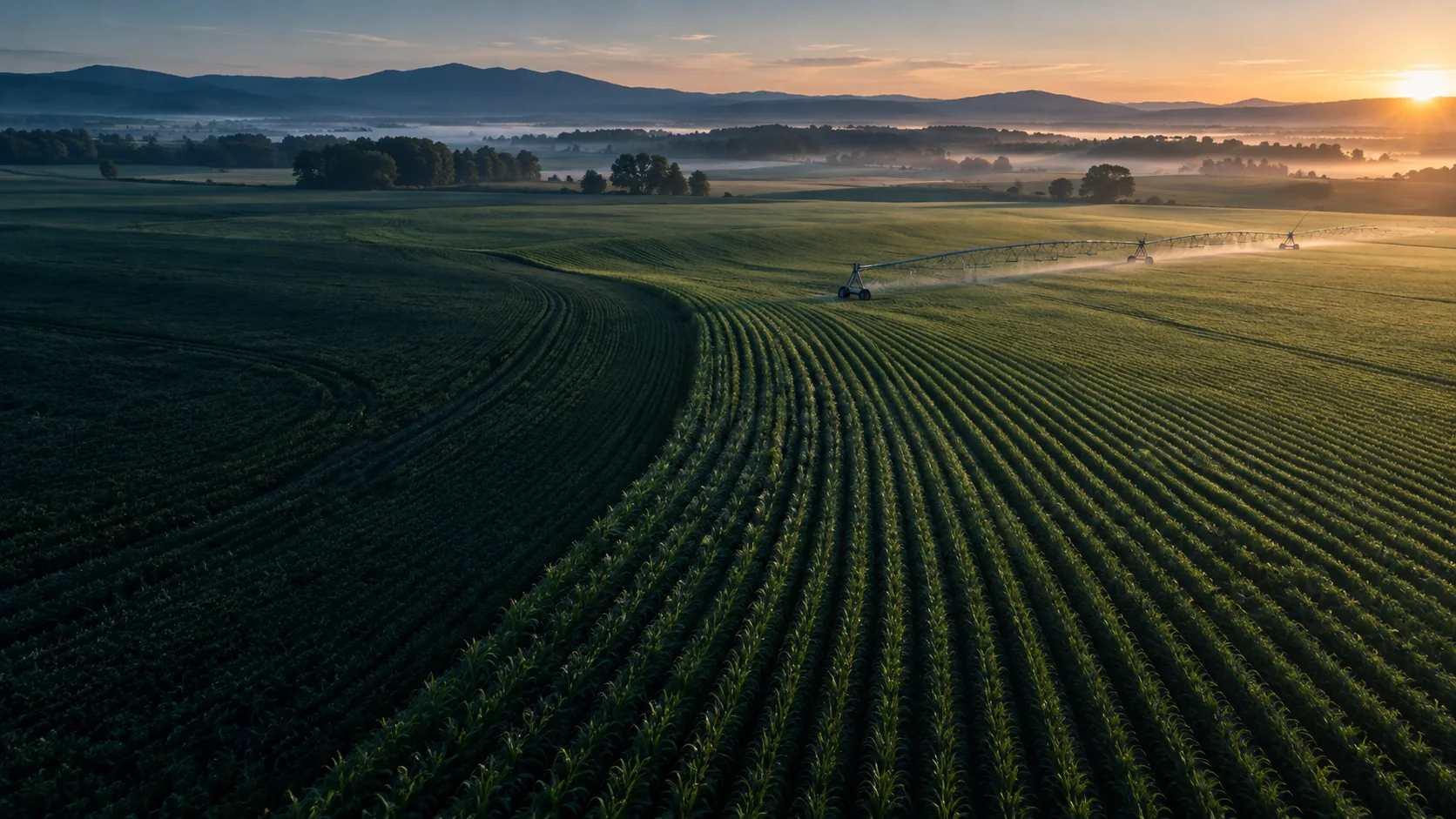 Sweeping field patterns and irrigation infrastructure at dawn