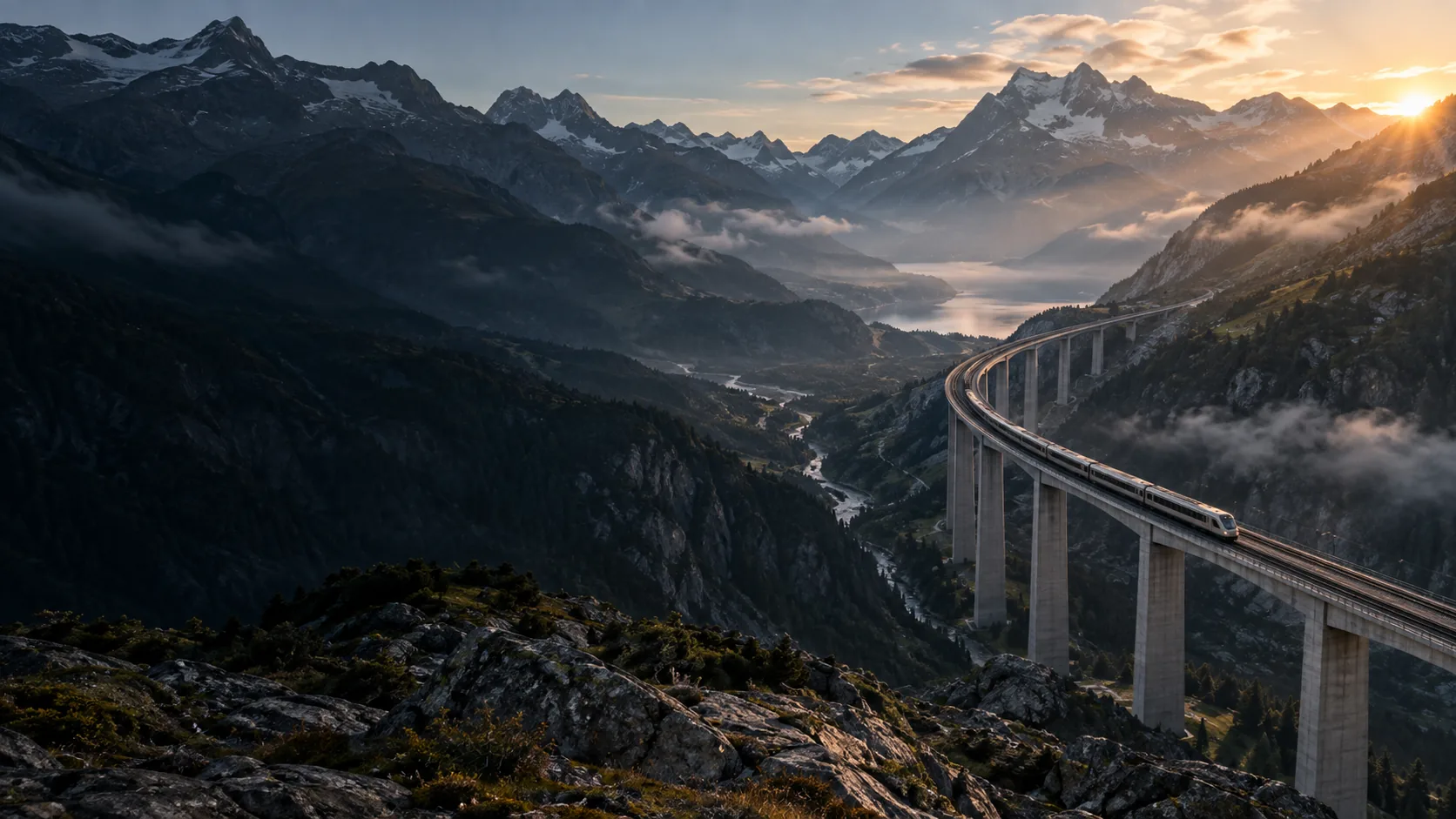 Illustrative railway viaduct carrying a train across an alpine valley at sunrise