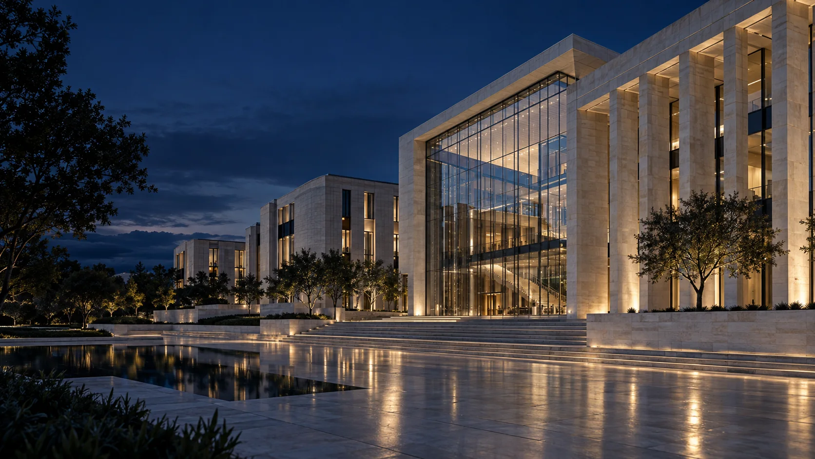 Contemporary stone and glass campus architecture at dusk
