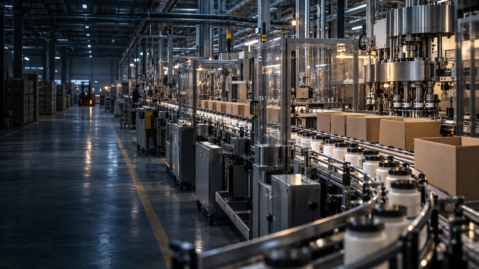 Illustrative consumer-goods production line with unbranded packaging moving along conveyors