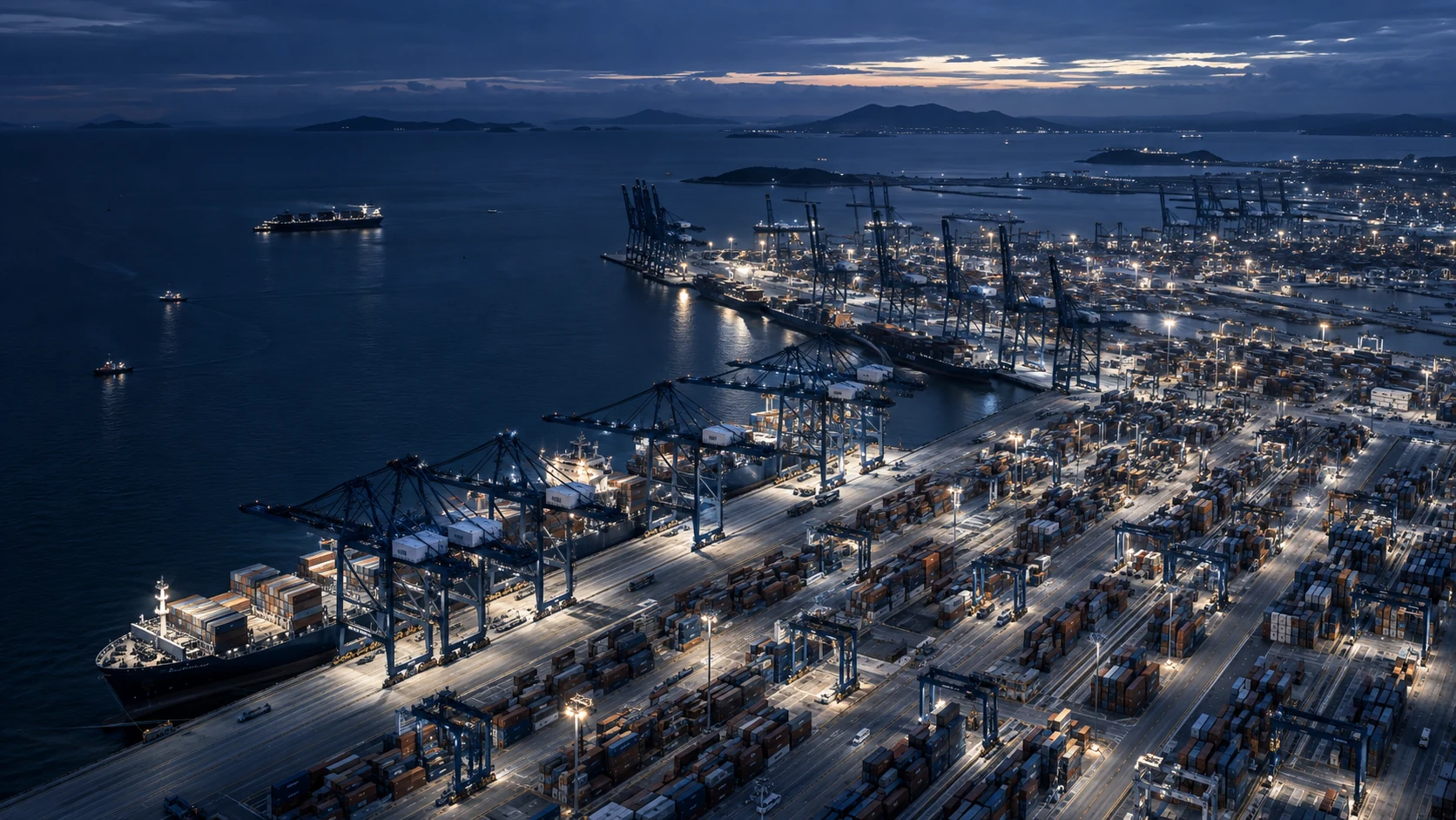A vast container port and the sea beyond at blue hour