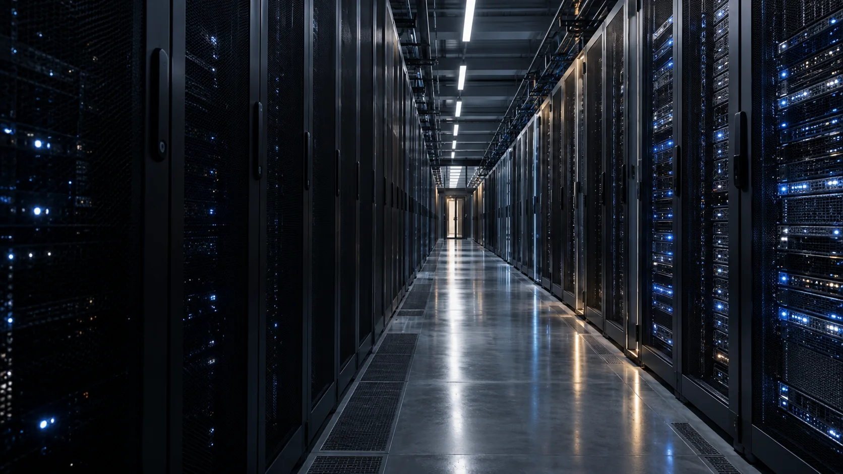 A long corridor of server infrastructure lit in blue and white