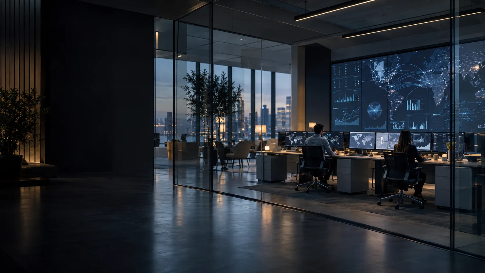 Illustrative planning center where two professionals review operating information