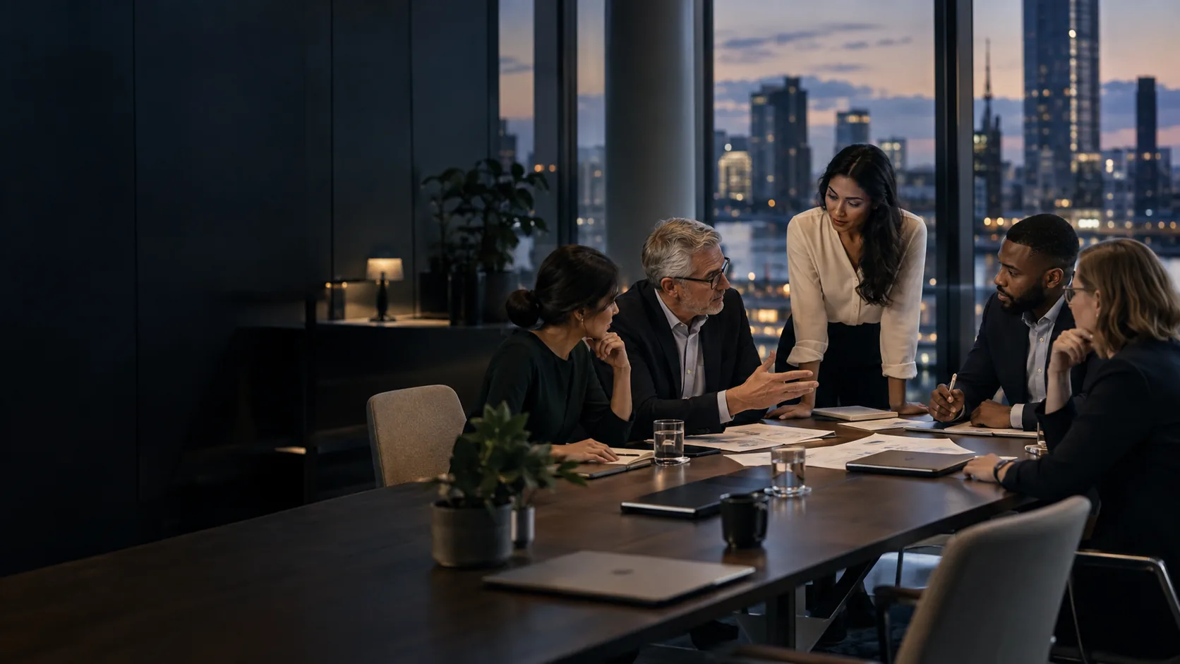 Illustrative professional discussion around a table overlooking a city at dusk