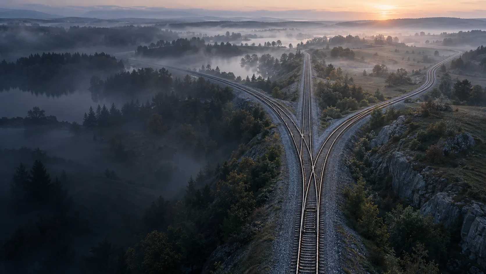 Illustrative railway junction branching into different routes through a misty landscape