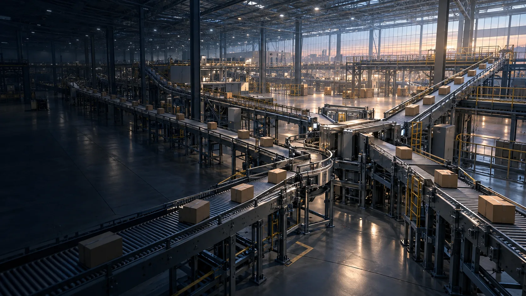 Illustrative logistics hall with connected conveyors and clear handoff points