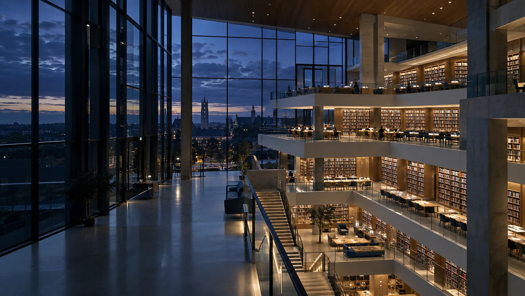 Illustrative university learning commons with illuminated book stacks and study terraces
