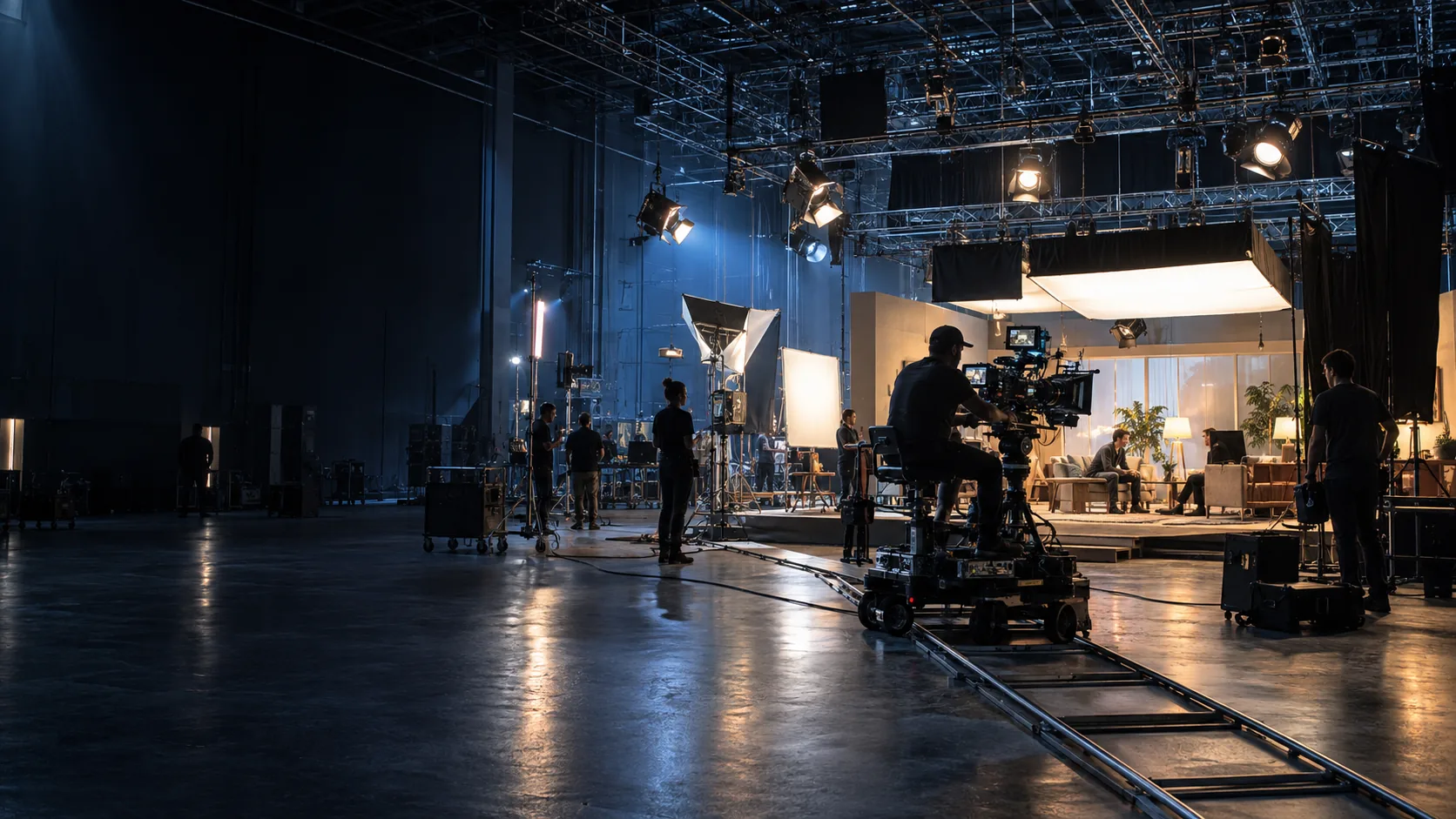 Illustrative production soundstage with professional cameras, sets and overhead lighting