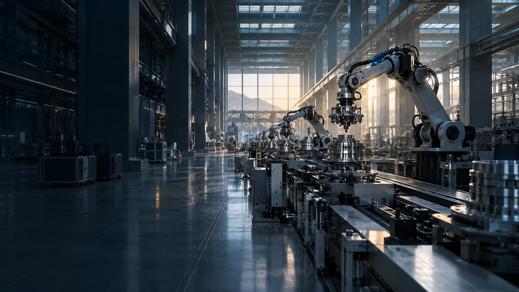 Robotic production equipment inside a vast precision manufacturing hall