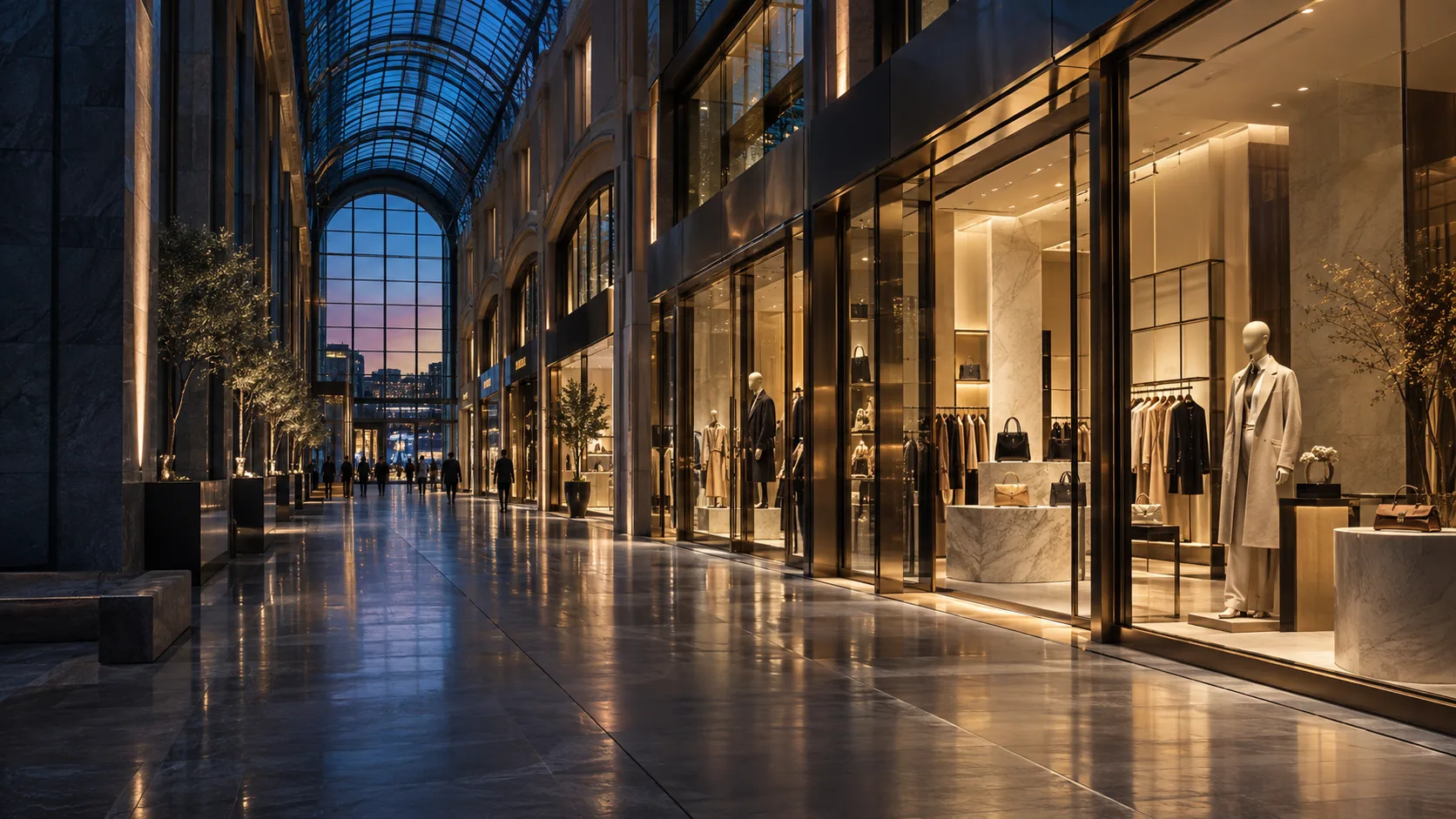 Illustrative retail arcade with unbranded storefronts and merchandise displays at dusk